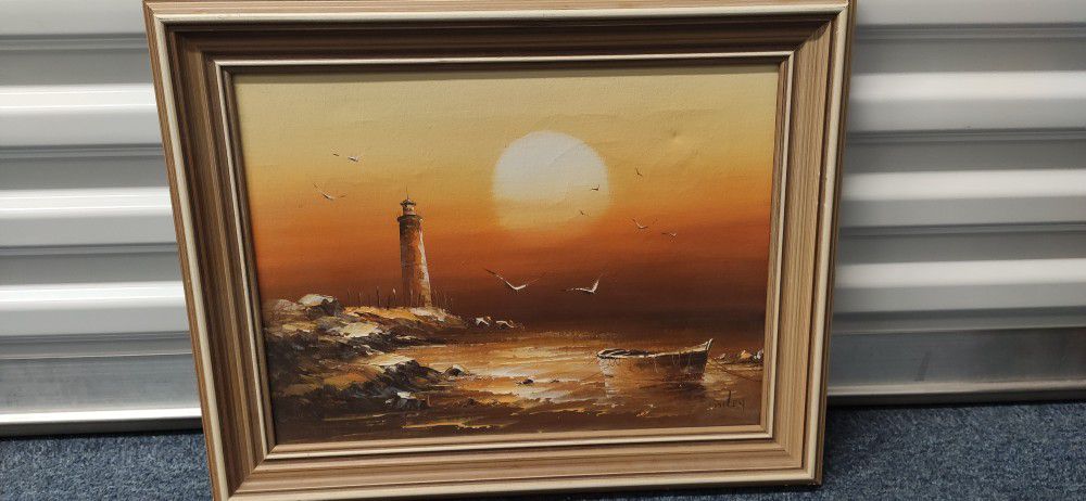 Oil Painting On Canvas. Sunset Shoreline Lighthouse 