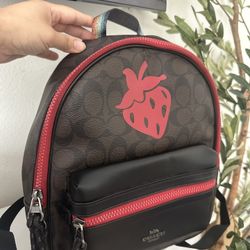 Coach Charlie Backpack Signature Canvas Strawberry Motif Brown Black NWT F78252
