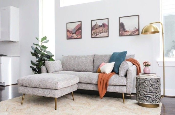 MODERN GREY FABRIC COUCH, LOUNGE CHAIR, AND OTTOMAN WITH 4 MATCHING PILLOWS.