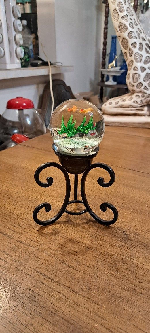 Swimming Bowl Aquarium Art Glass Paperweight W/2 Happy Goldfish, Comes W/Cast Iron Stand