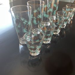 MCM CIRCA 1960s  LIBBEY AQUA & GOLD LEAF GLASSES GOLD PINE CONE DAVID DOUGLAS