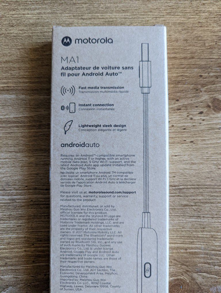 MA1 - Adaptateur de voiture sans fil pour Android Auto de Motorola
