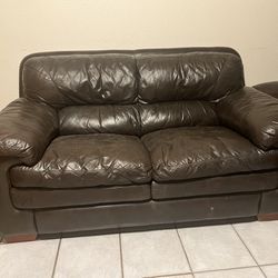 Brown Faux Leather Loveseat And Chair With Ottoman 