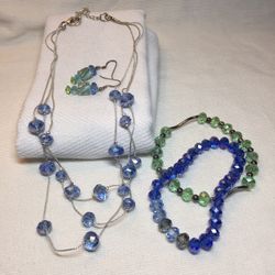 Soft  Blue AB Faceted Glass Crystal Necklace, Two Faceted Glass Crystal Bracelets, And Earrings Set