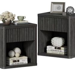  Set of 2 Nightstands with Drawer Storage Fluted Bed Side Table End Table Large Modern Wood 22.7" Wide Bedside Stand Mid Centu