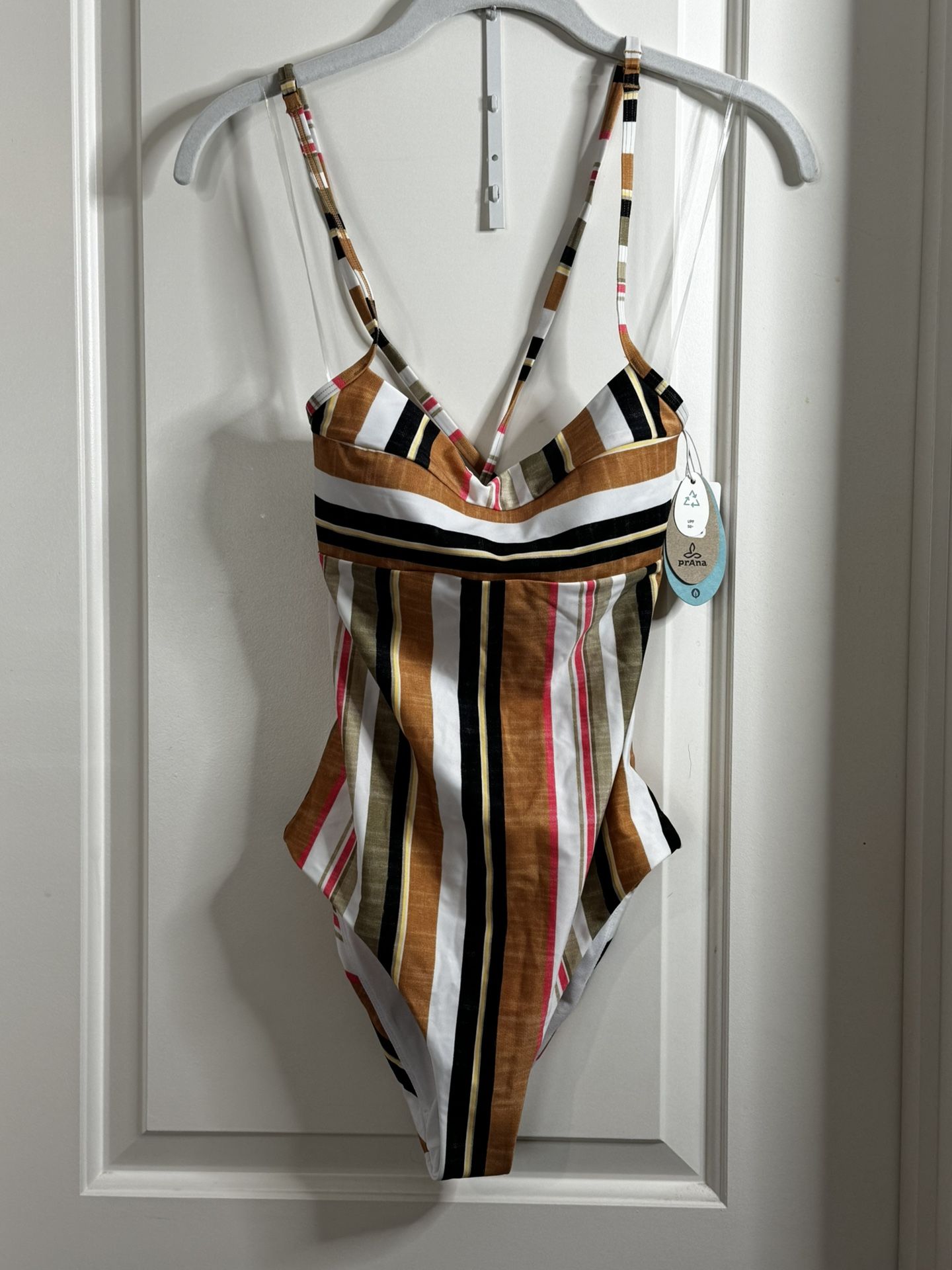 PRANA Womens Medium Lurisia One Piece Swimsuit Gilded Soleil Stripe Orange Green
