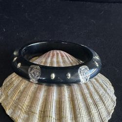 Lucite Black & Clear French Bangle Bracelet with Silver coin Motif marked Francaise Republique 1880.