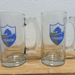 Vintage Vibe! Pair of Retro 1990s San Diego/LA Chargers 12oz Glass Beer Mugs - "Horse and Bolt" Logo