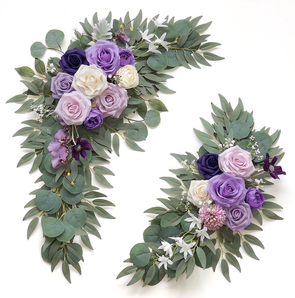 Olalaka Faux Flower Swag Set Of 2 For Wedding Welcome Signs Floral Decorations, Purple Wedding Arch Flowers For Wedding Ceremony (Lilac & Purple & Cre