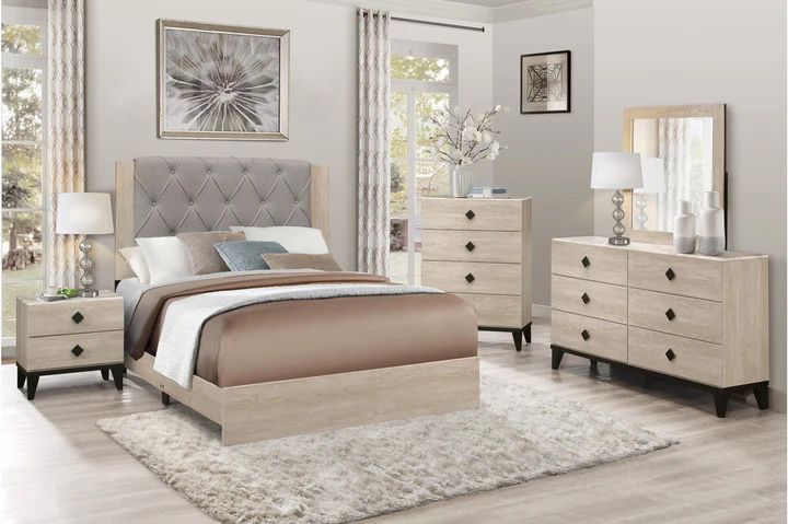 Whiting Natural Upholstered Panel Bedroom Set ( Queen, king, twin, full bedroom set - bed frame- tall dresser, nightstand and chest, mattress options