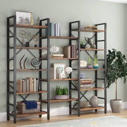 Tribesigns Triple Wide 5-Shelf Bookcase, Etagere Large Open Bookshelf Vintage Industrial Style Shelves Wood and Metal bookcases Furniture for Home 