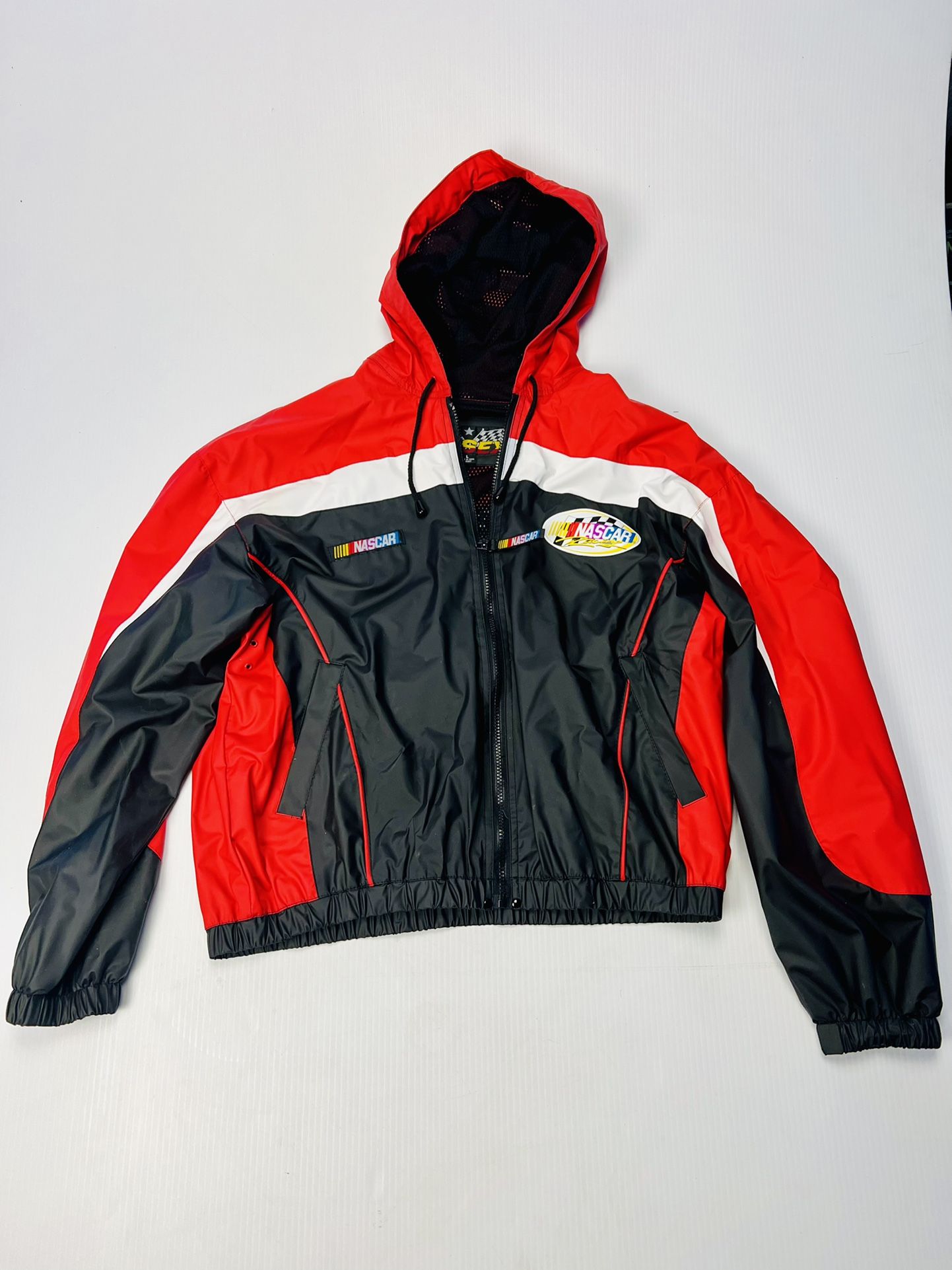 Rare Vintage Essex Men L NASCAR Racing Jacket Full Zip With Hood Red