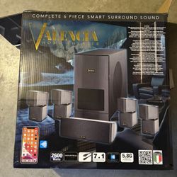 Valencia  NewCOMPLETE 6 PIECE SMART SURROUND SOUND ALENCIA HOME THE ATER SYSTEM: High powered Smart System wi w sub & r  System Power 2600 watts,