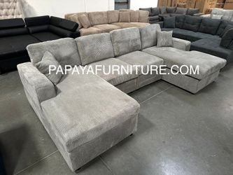 New Light Grey Fabric U Shape Sectional Sofa and Chaise Set Double Twin Left Right Chaise Lounge Lounger Ashley Sty Discount Modern Furniture BIG SALE