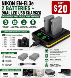 Nikon EN-EL3e Battery Kit – 2 High Capacity Batteries & Dual LED USB Charger