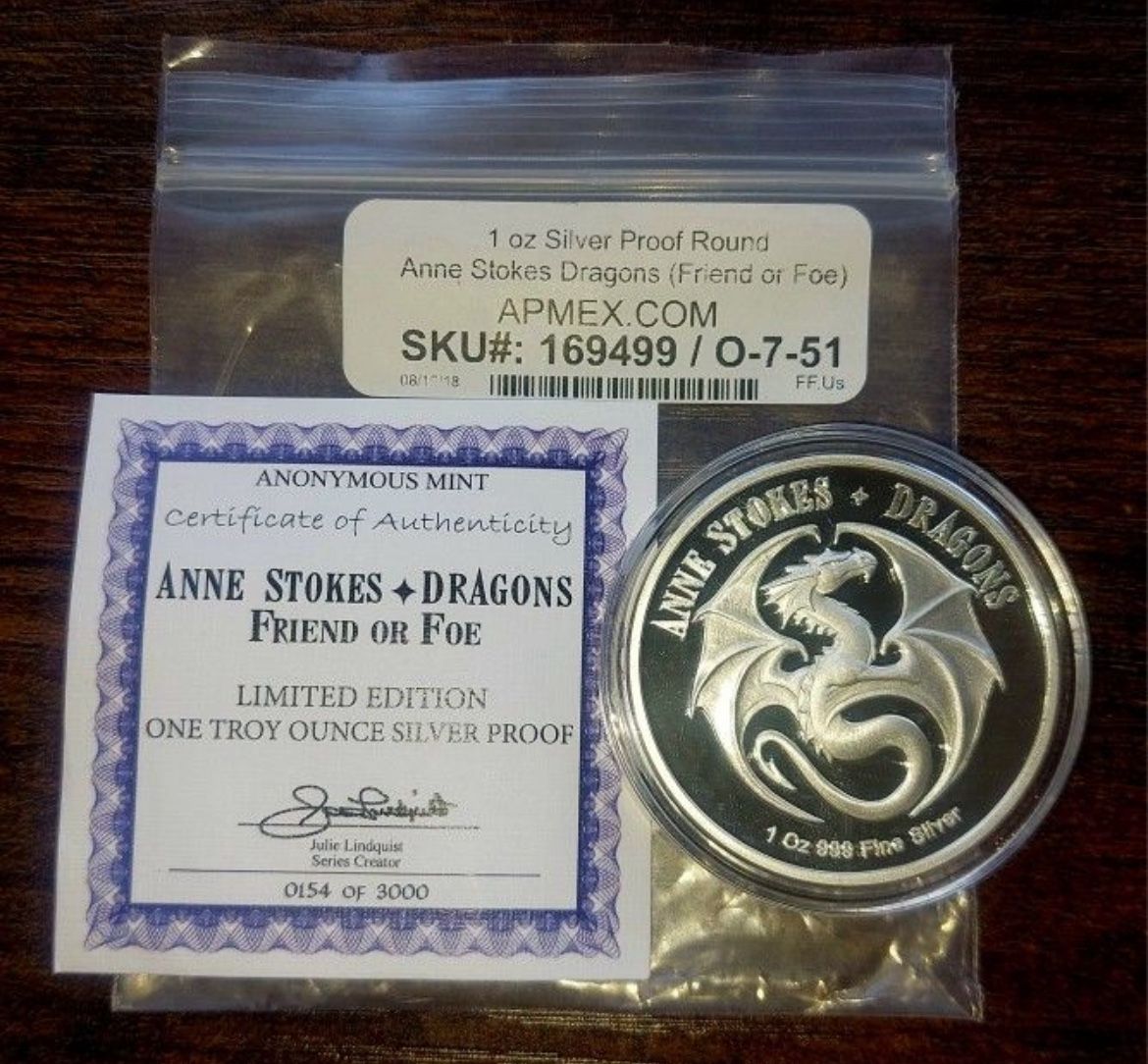 2018 Anne-Stokes Dragons COA PROOF Silver Round #0154