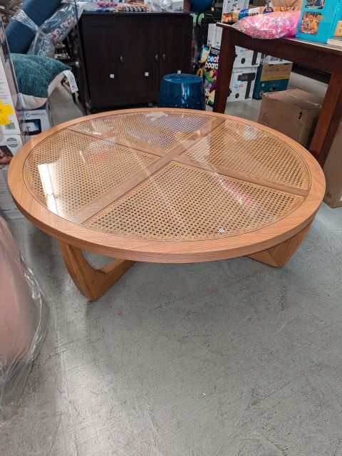 Beautiful Rattan and Glass Coffee Table with Solid Wood Frame by Drew Barrymore, Warm Honey ...