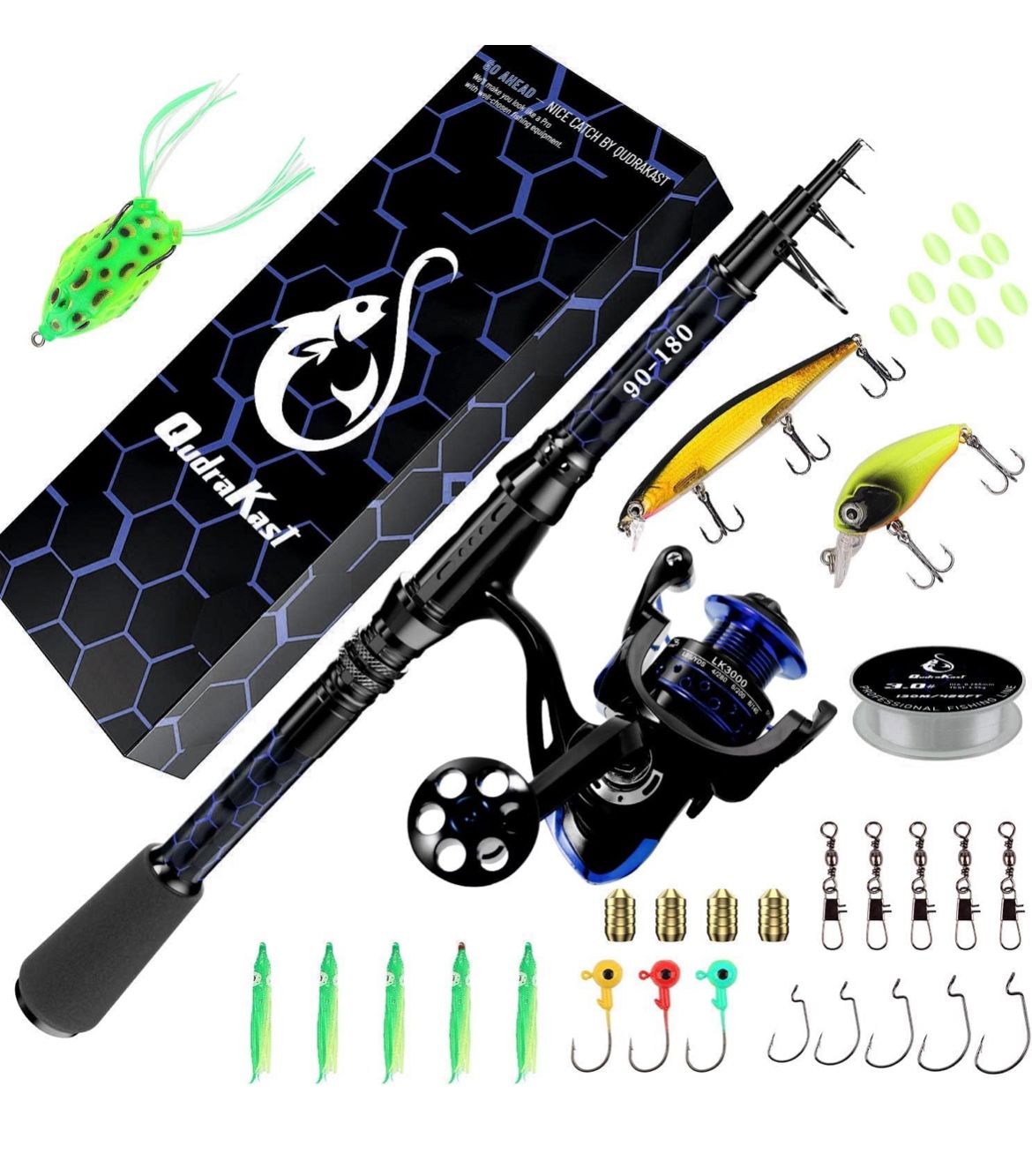 Fishing Rod and Reel Combos, Unique Design with X-Warping Painting, Carbon Fiber Telescopic Fishing Rod with Reel Combo Kit with Tackle Box@A8-55