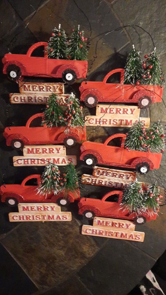 Set of 6 Vintage Truck Christmas Tree Ornament Merry Christmas Sign