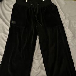 Fb County Black Velour Wide Leg Sweatpants Women M Drawstring Pockets