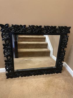 Large Hand-Carved Solid Wood Tropical Floral Wall Mirror – Black Plumeria Frame