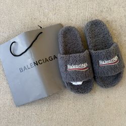 Grey Balenciaga Fur Slides