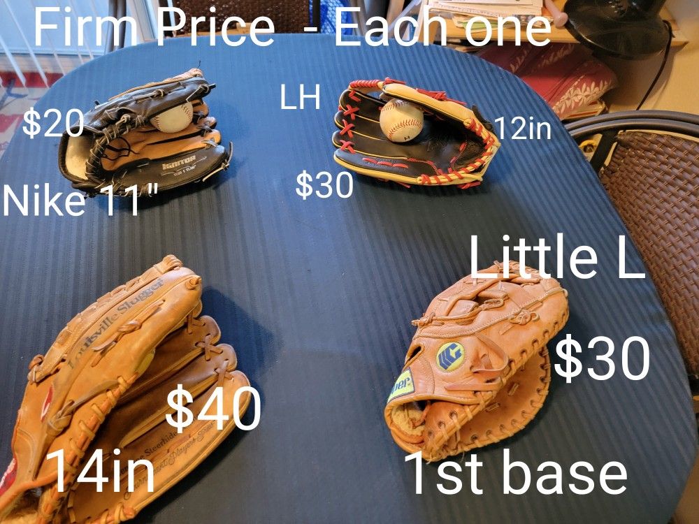 3 BASEBALL GLOVES AND ONE SOFTBALL GLOVE FIRM PRICE 
