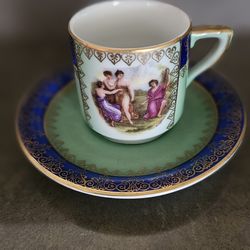 Vintage Ancient Scene Pictorial Demitasse Cup & Saucer Czechoslovakia