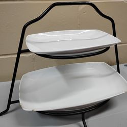 2-Tier Glossy White Porcelain Server Set with Iron Stand