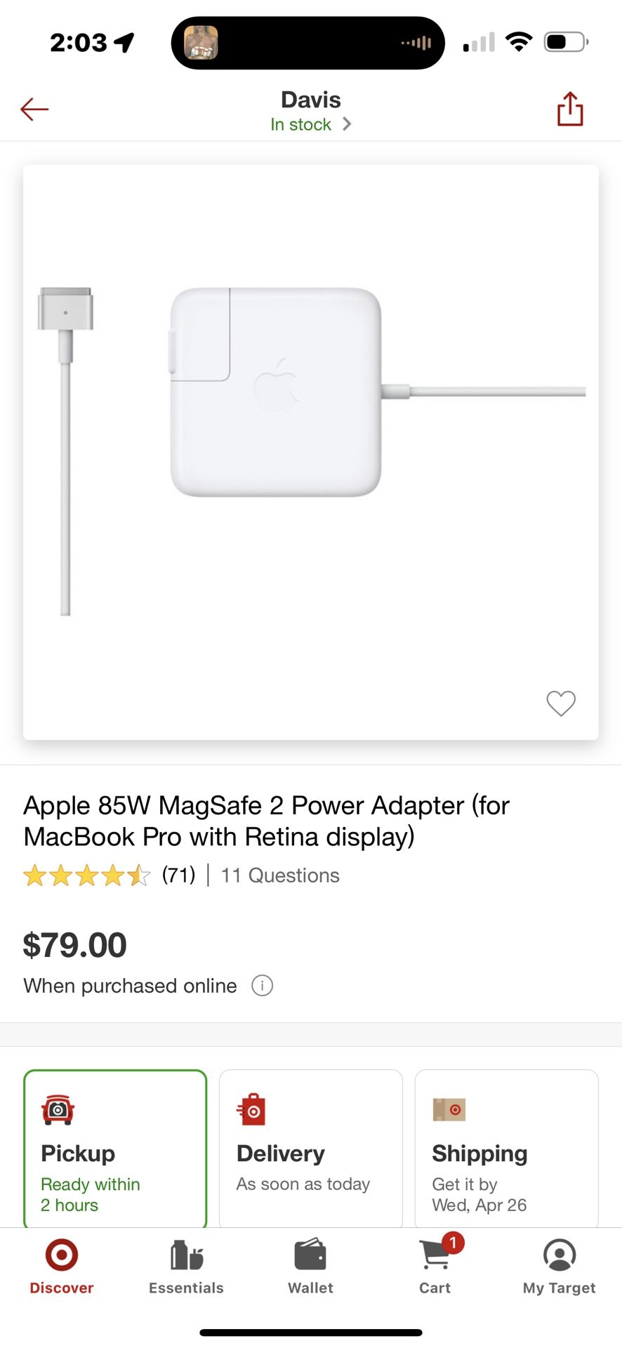 Apple 85W MagSafe 2 Power Adapter (for MacBook Pro with Retina display)