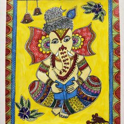 GANESH Hindu Madhubani painting Paper artist signed original 8.5X 11" unframed