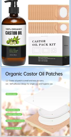 Organic castor oil in an amber pump bottle. Includes self-adhesive beige castor oil patches. Clean, simple packaging. Great for topical use and easy a