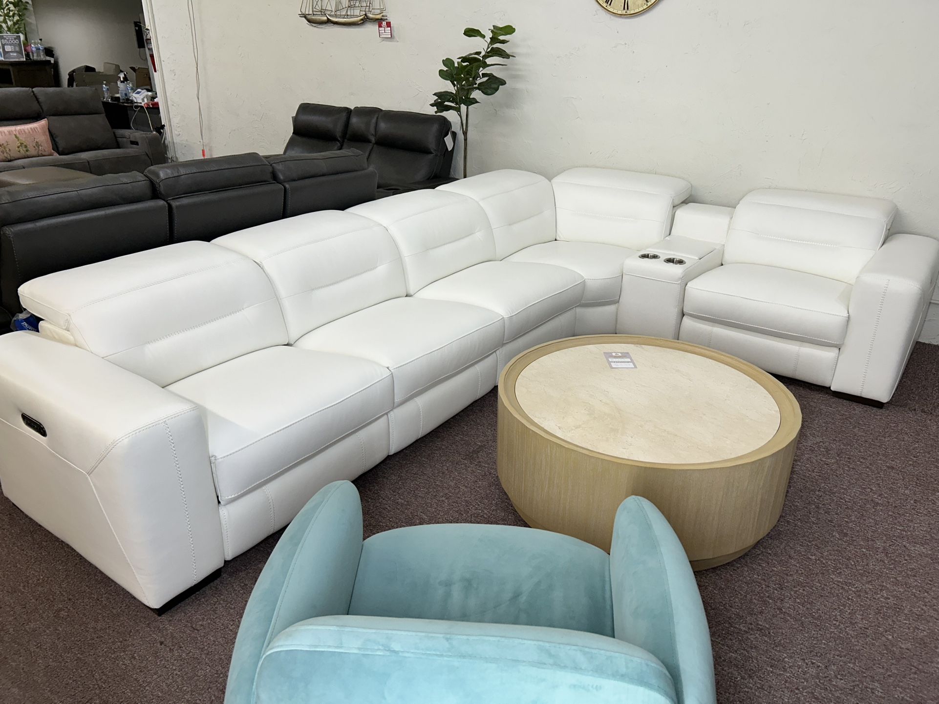 Furniture- Snow White 100% Real Top Grain Leather Sectional With 3 Power Recliners