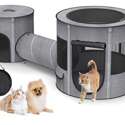 New Portable Cat Playpen with Tunnel, 3 in 1 Foldable Puppy Play Pen, Waterproof Bottom, Enclosed 2-Room Separable Pet Tent for Indoor/Outdoor, Multi-