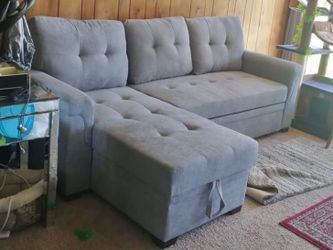 Compact Light Gray 85" Fabric Sofa Bed with Storage Chaise