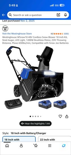 NEW IN BOX: Westinghouse 48V Cordless Snow Blower (18-Inch)