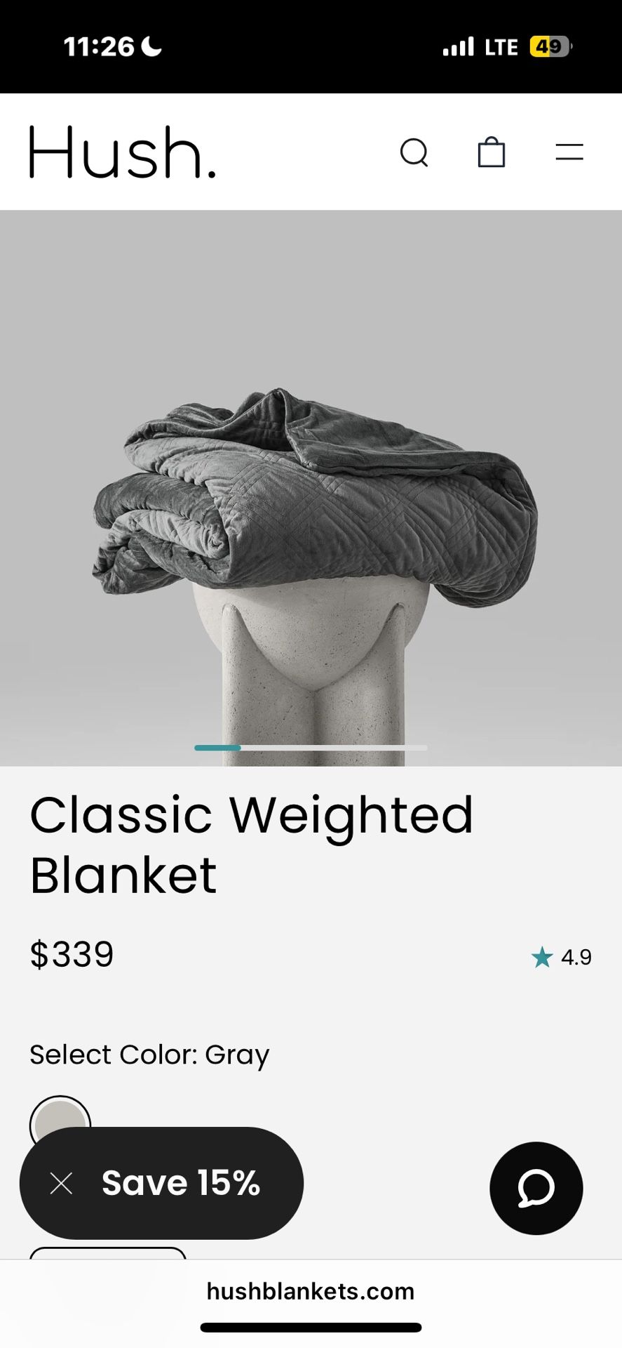 New HUSH Classic Queen weighted Blanket - 20lb Grey