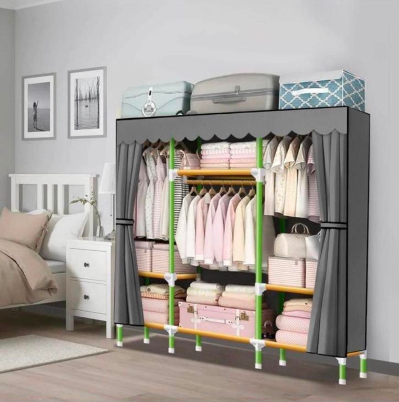 Portable Closet 57 Inch Wardrobe Closet Clothes Organizer with 3 Storage Shelves and 3 Hanging Rods, Cloth Closet of Colored Rods Grey Cover Quick and