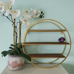 New Round Metal and Wood Wall Shelf