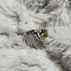 Fragrant Jewels Rhodium Plated Ring Size 7.5 With Green Gem & Clear Stones