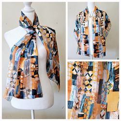 58"×13" Orange Blue & White Scarf with a Geometric Round Block Design Pattern Silk Feel 100% Polyester Unisex Scarf. See Through. New without tags! 

