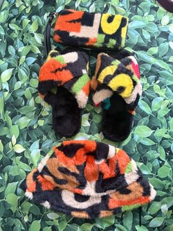 Multicolor Fluffy Slippers and Wristlet Set