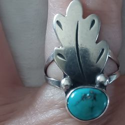Vtg.Unique Sterling Silver Turquoise Feather Ring- Sz6.50