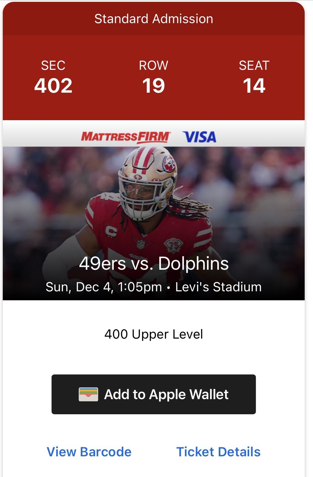 San Francisco 49ers vs  Miami Dolphins Game Tix