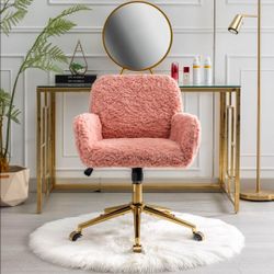 Furry Pink Office Chair, Modern Faux Fur Cute Desk Chair, Faux Fur Makeup Vanity Chair with Wheels & Gold Base