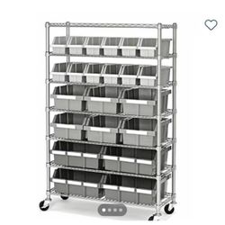 Steel wire shelving rack plus grey storage bins Wheels