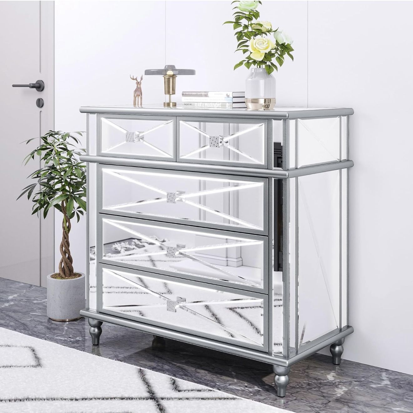 Silver Mirrored 5 Drawer Dressers for Bedroom 35