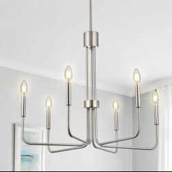 New 28” Pendant Candle Chandelier 6- Lights Brushed Nickel Adjustable Height Anti- Rust