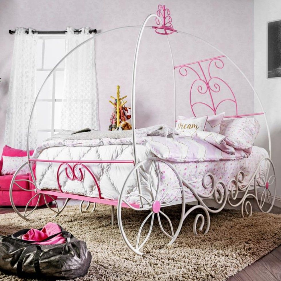 Metal Full Princess Carriage Bed in Pink and White