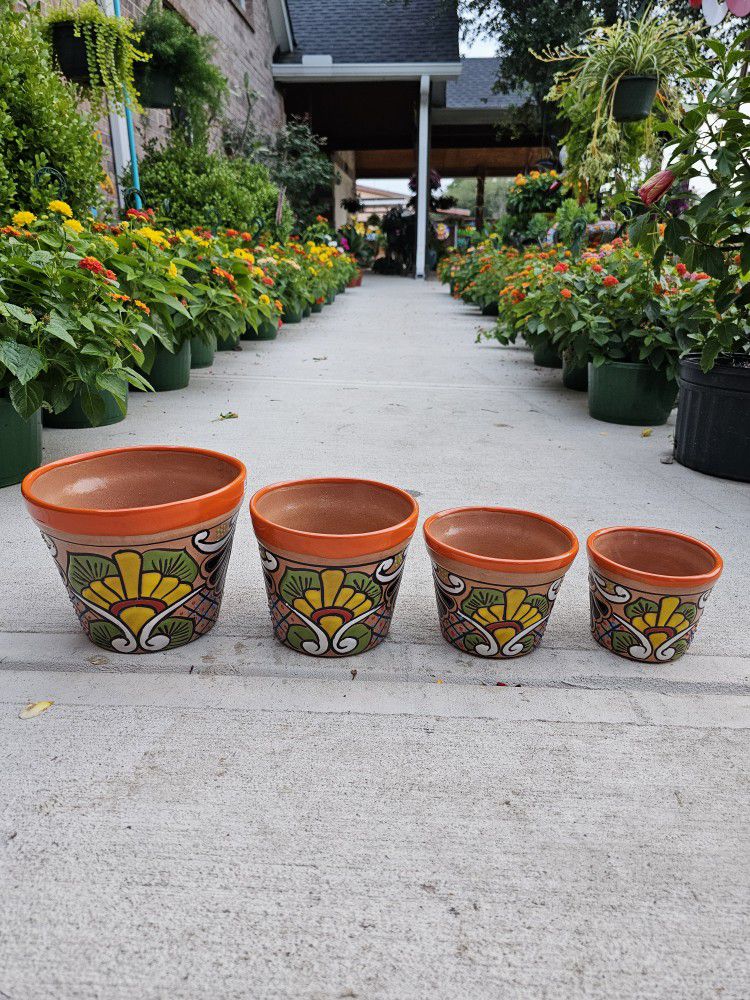 Orange Rim Small Talavera Vase Set Clay Pots, Planters,Plants, Pottery. $75 set of 4